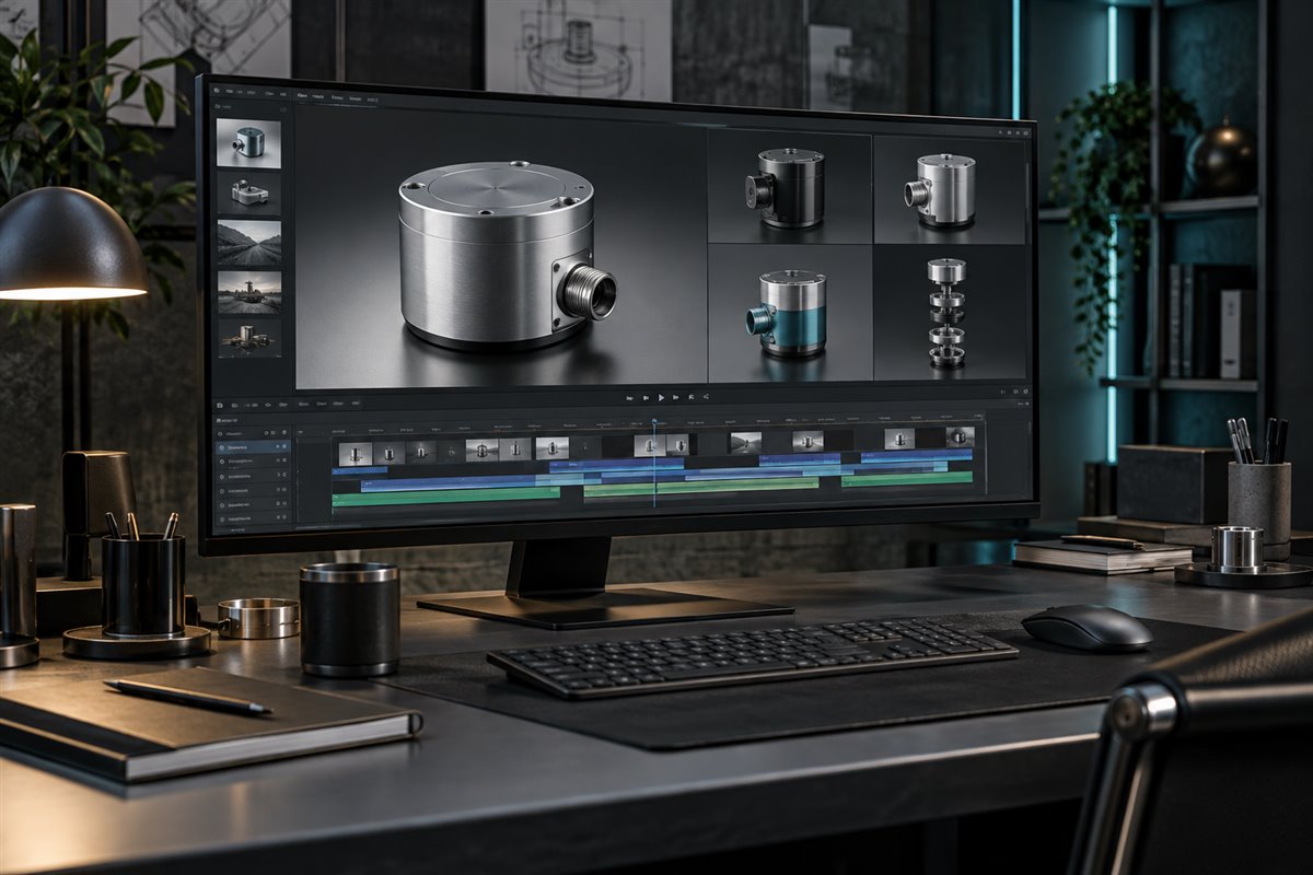 Escena conceptual de creación visual con variantes de un producto industrial y una línea de tiempo de vídeo