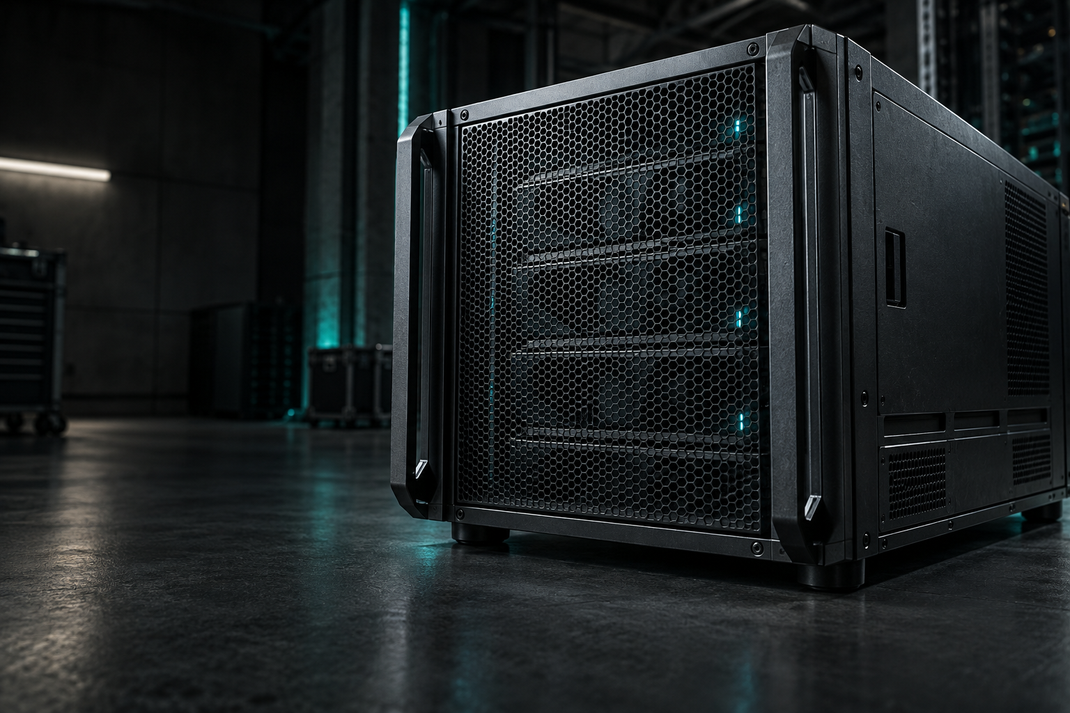 Detalle de un sistema de computación en acero oscuro con iluminación turquesa